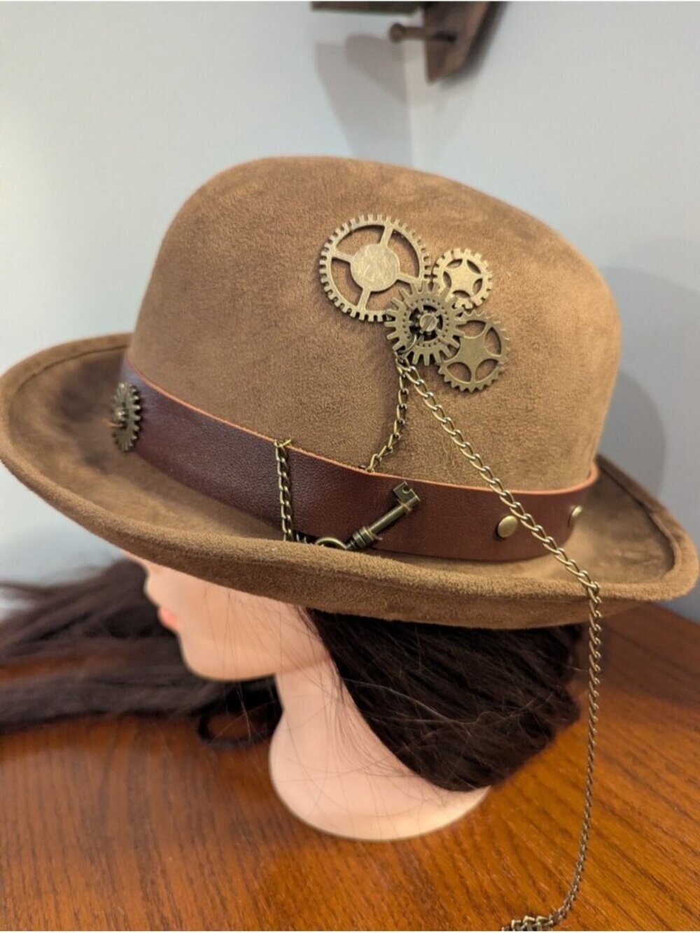 Steampunk Hat with gears Chain & Ammo, Brown bowler hat Renaissance Unisex OS - Picture 2 of 11